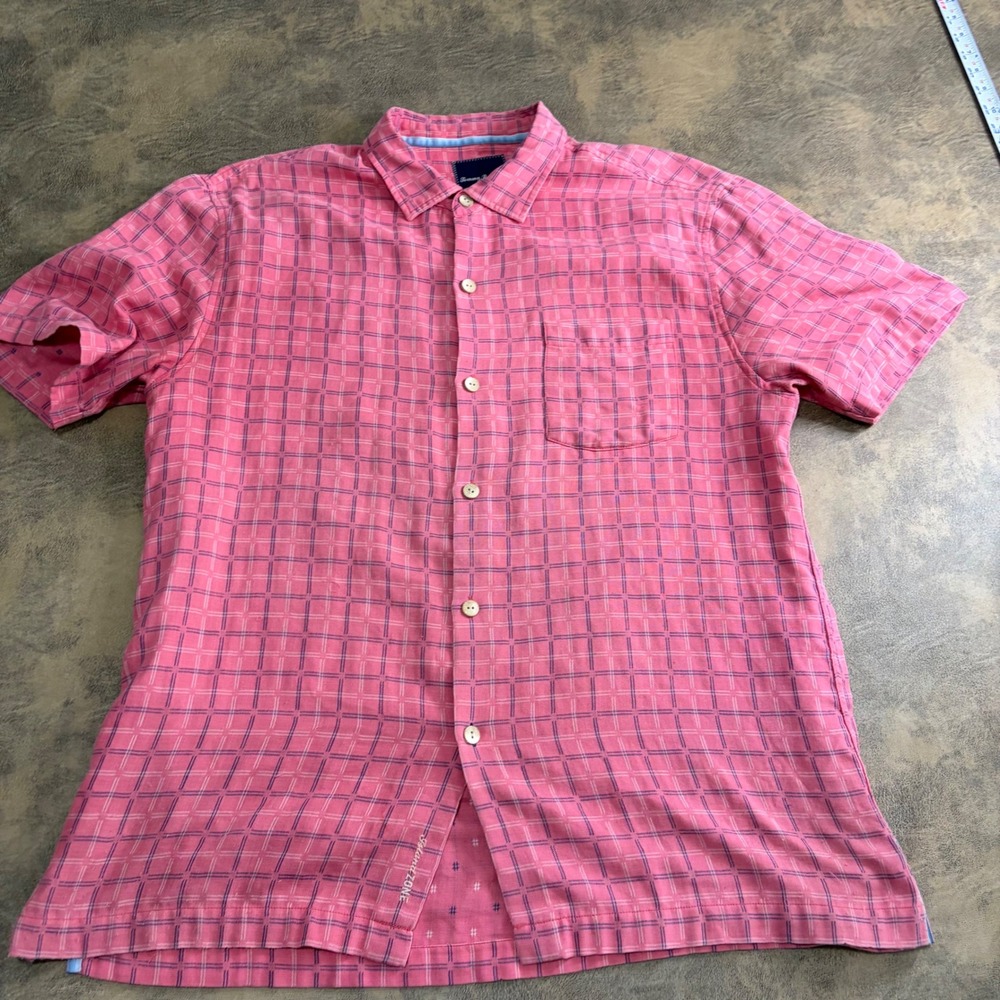 Tommy Bahama Button Down Shirt Mens L Pink Plaid IslandZone Silk Blend T316892